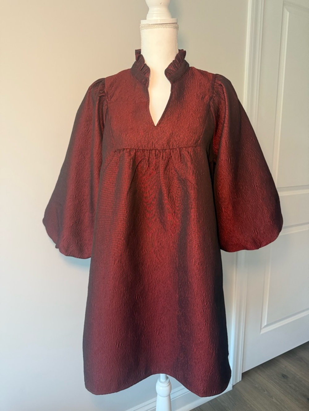 Burgundy Shimmer Puff Sleeve V-Neck Mini Dress